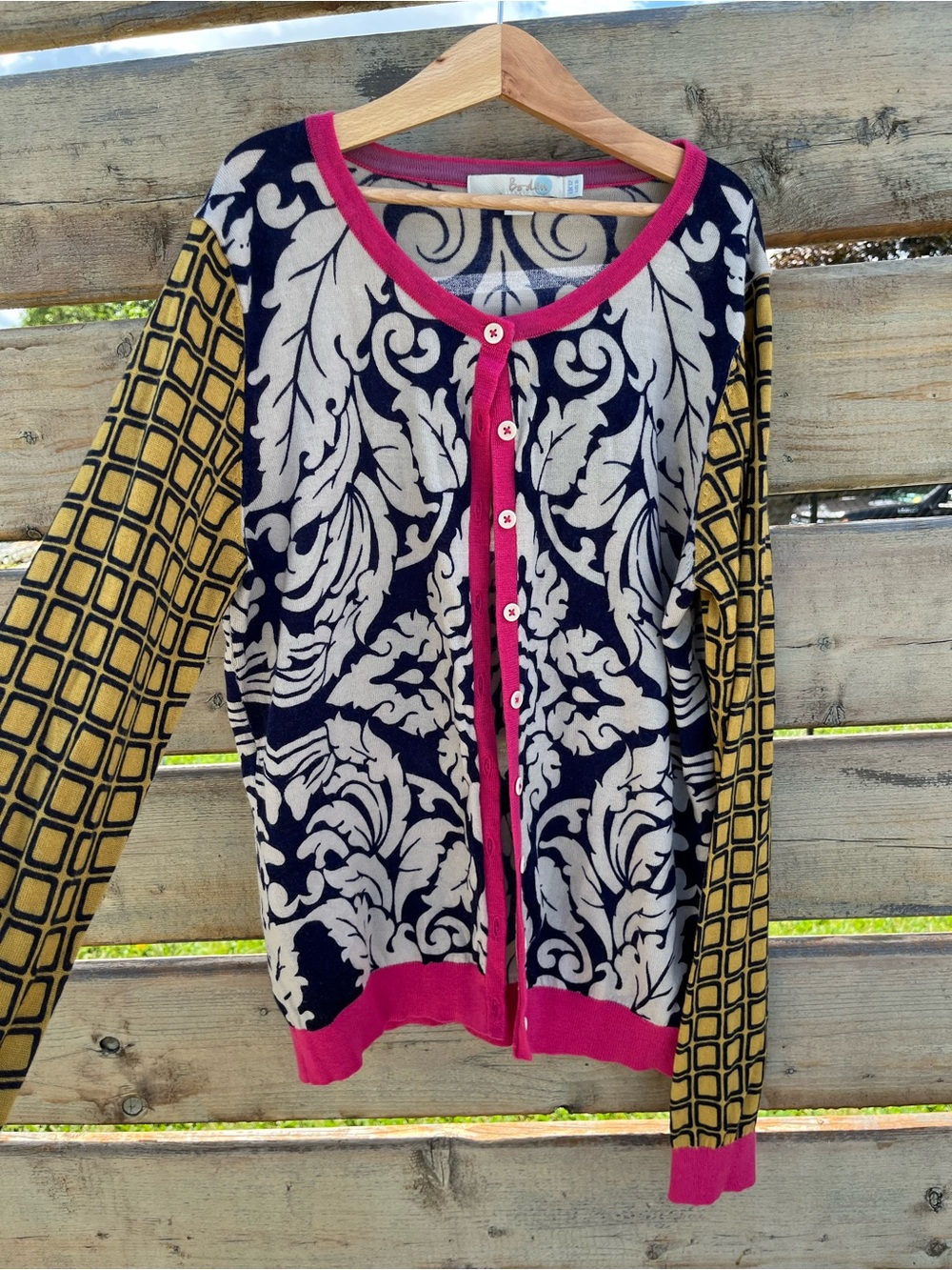 Boden 100% Wool Navy Cream Damask Cardigan with Pink Trim and Mustard Sleeves